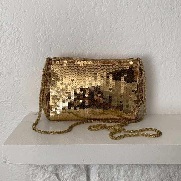 Vintage 70s gold sequin beaded crossbody party bag